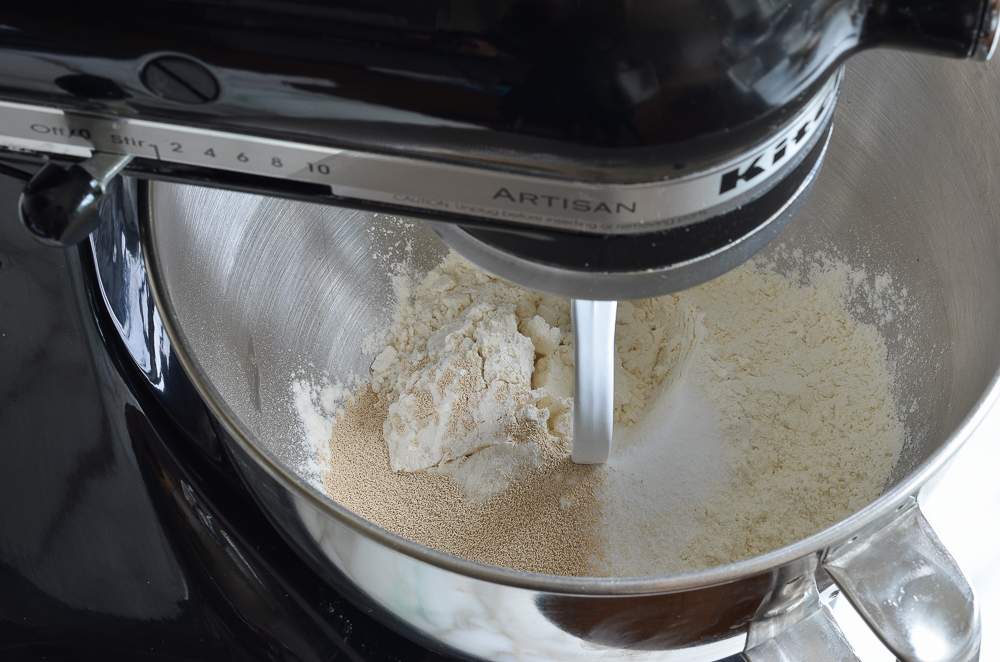 flour, yeast and salt in mixer