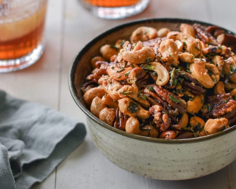 Bowl of rosemary nuts.