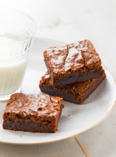 Brownies on a plate with a glass of milk.