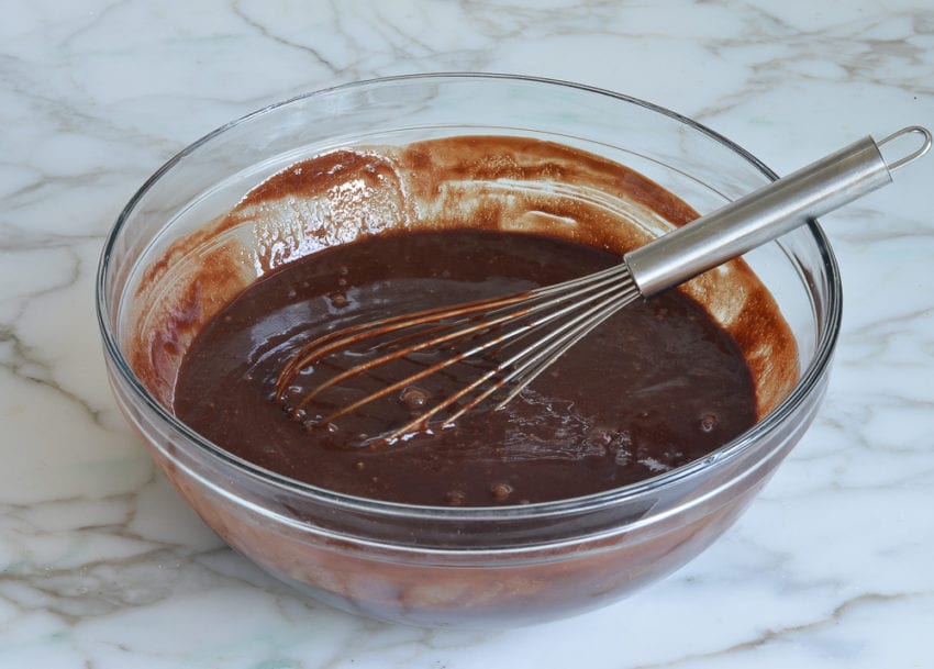 brownie recipe: whisking chocolate into egg mixture