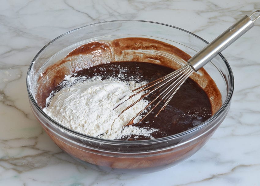 brownie recipe: whisking flour into batter