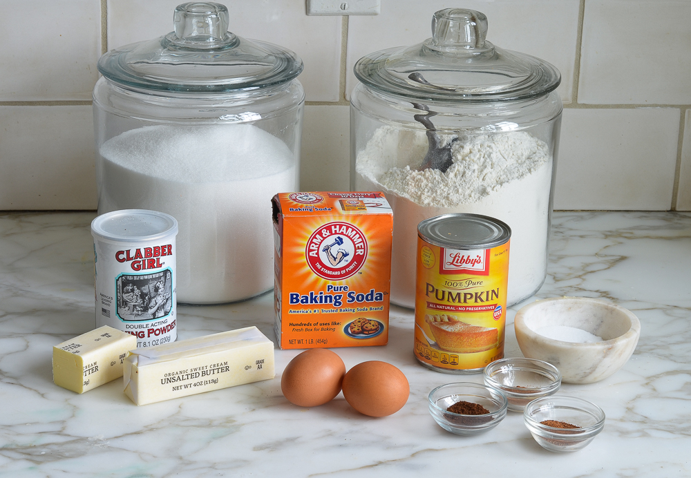 Bread ingredients including baking soda, eggs, and butter.