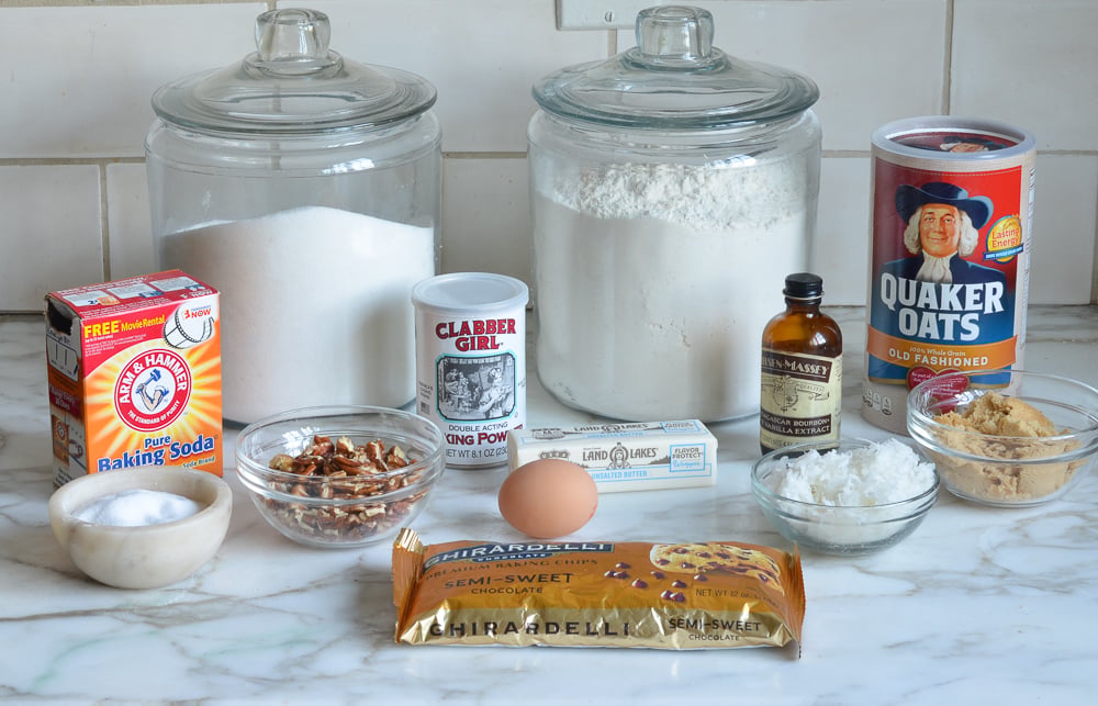 Cookie ingredients including oats, vanilla, and flour.