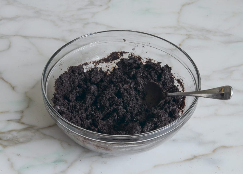 Wafer crumbs and melted chocolate in a bowl.