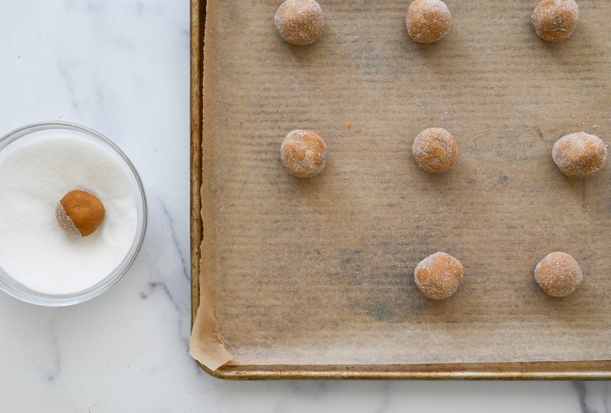 rolling ginger cookie dough balls in sugar