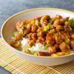 Bowl of cashew chicken over rice.
