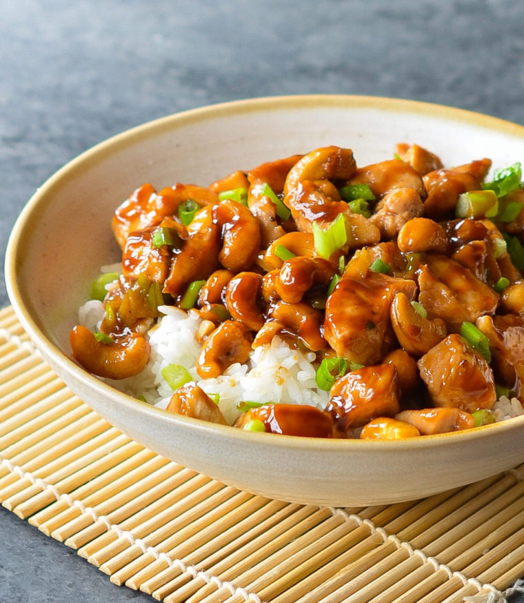 Bowl of cashew chicken over rice.