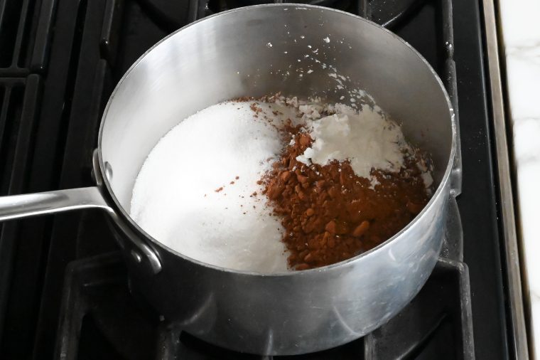 sugar, cocoa powder, and cornstarch in saucepan