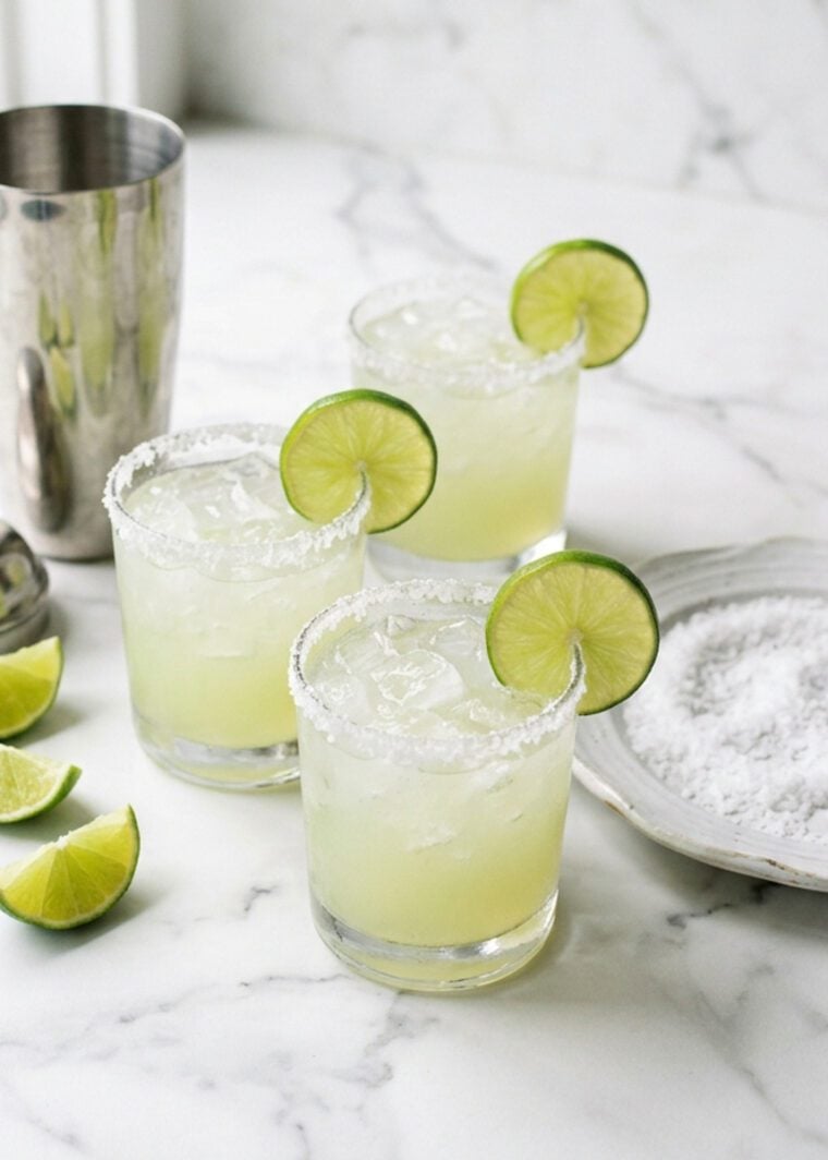 Margarita cocktails garnished with lime slices