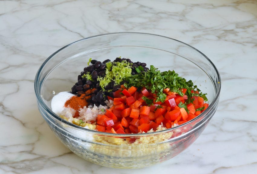 black bean salad components ready to toss