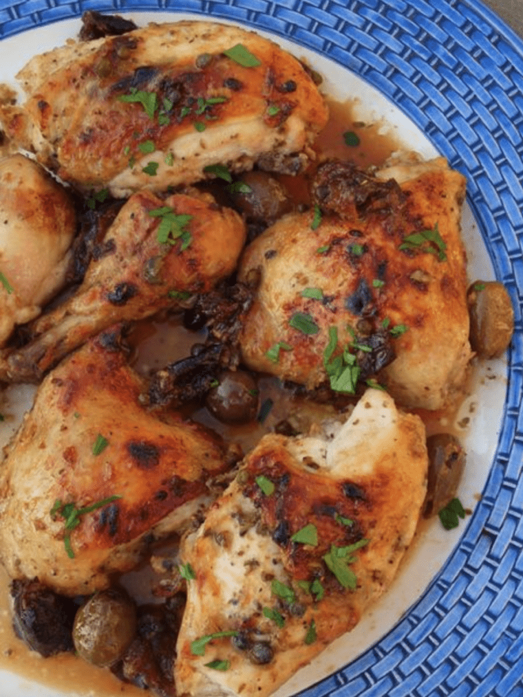 Plate of chicken marbella.