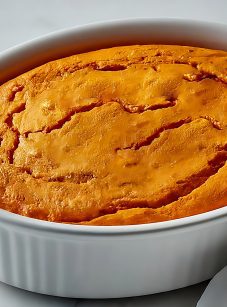 carrot souffle in white baking dish on white marble with white linen napkin
