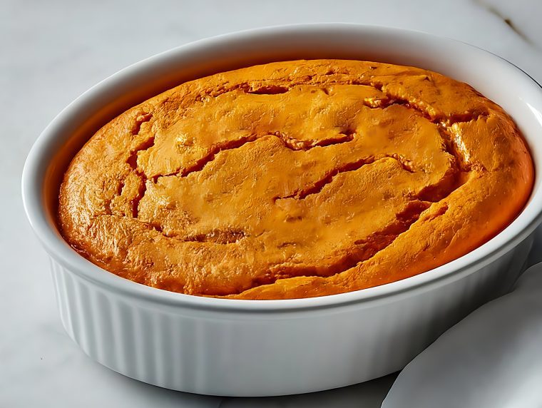 carrot souffle in white baking dish on white marble with white linen napkin