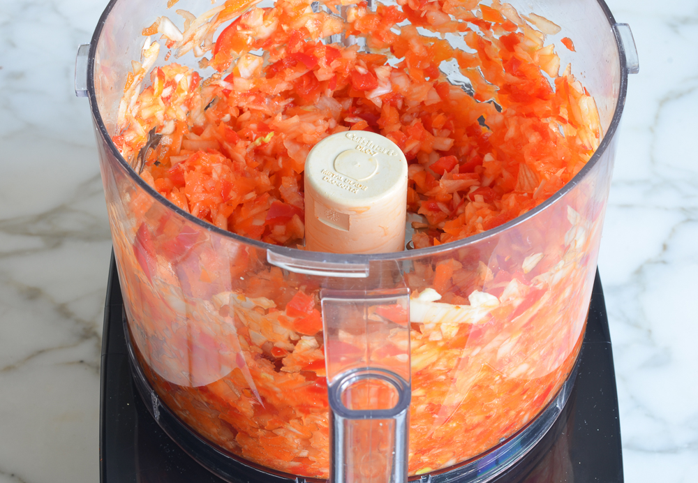 Food processor of finely chopped vegetables.