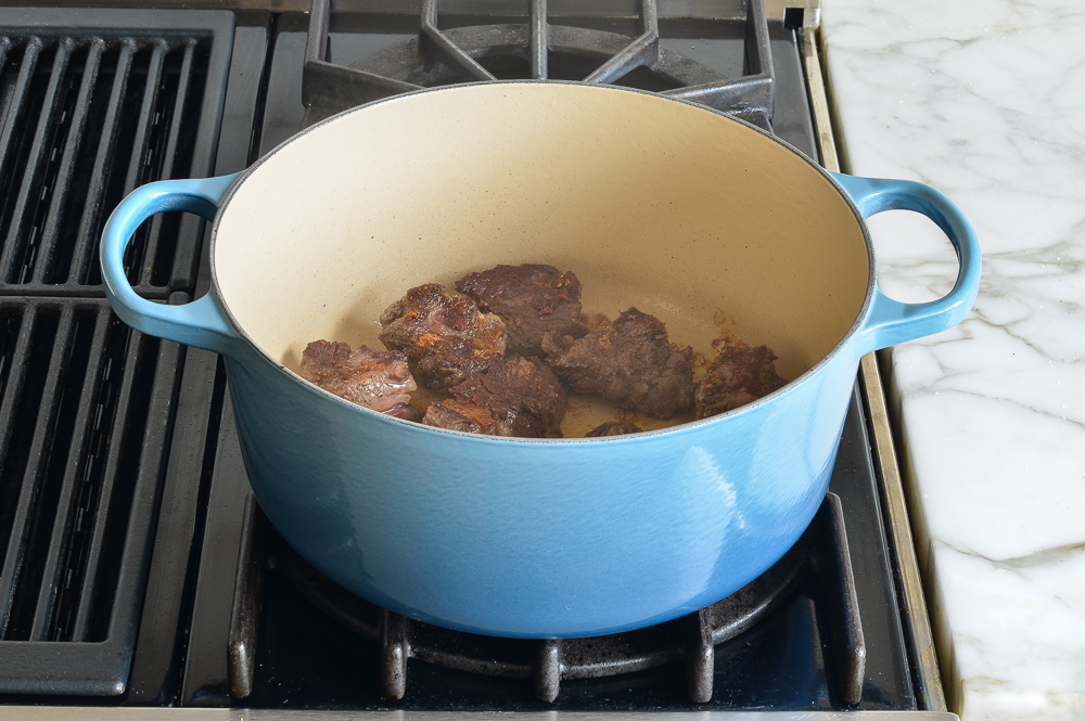 This step is a bit time-consuming  but browning the meat adds depth and dimension to the stew.