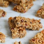 Crispy honey nut granola bars on a counter.