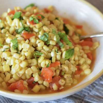 Bowl of Chesapeake corn, tomatoes, and basil.