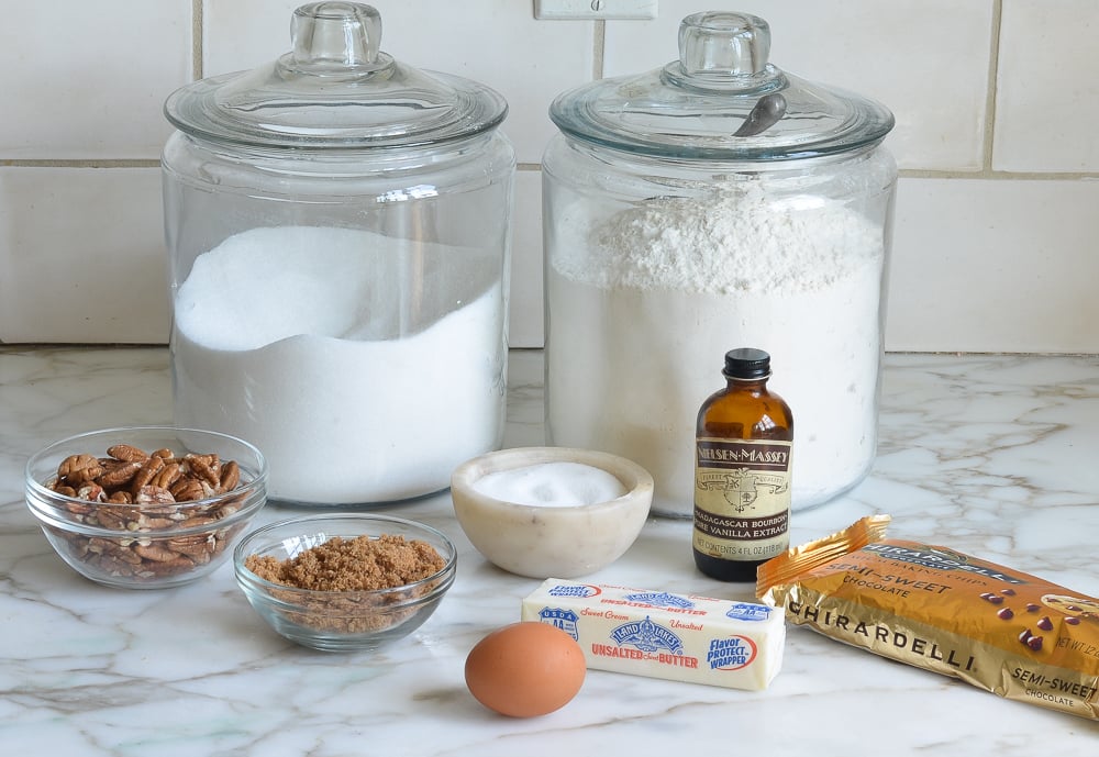 Ingredients to make chocolate chip blondies on a counter before mixing together.