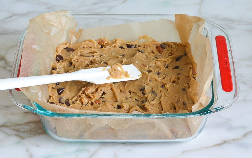blondie batter spread into baking pan