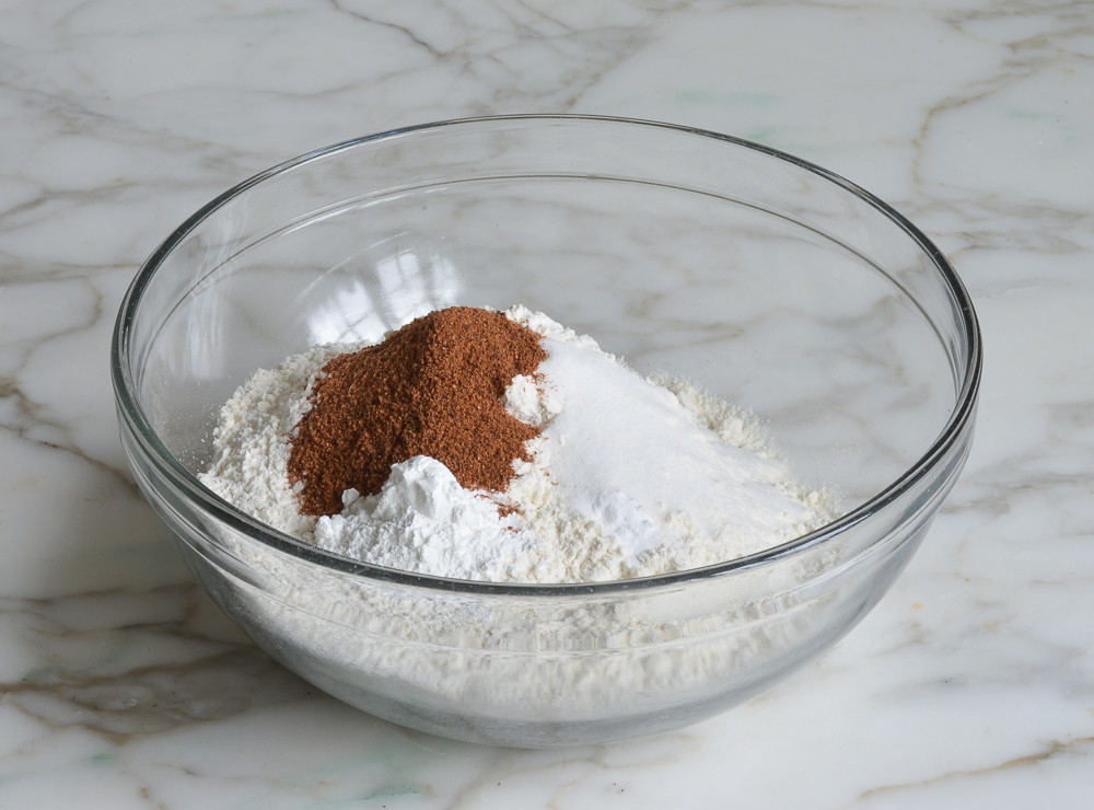 Bowl of unmixed dry ingredients.