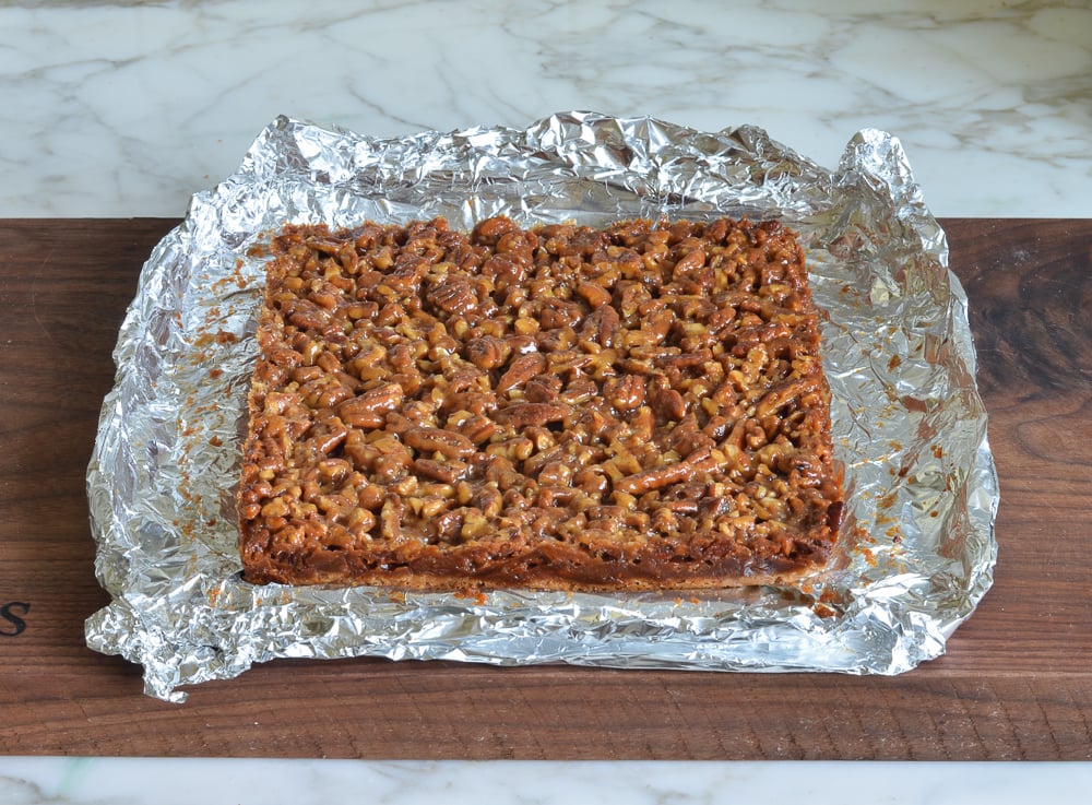 large pecan square on foil.