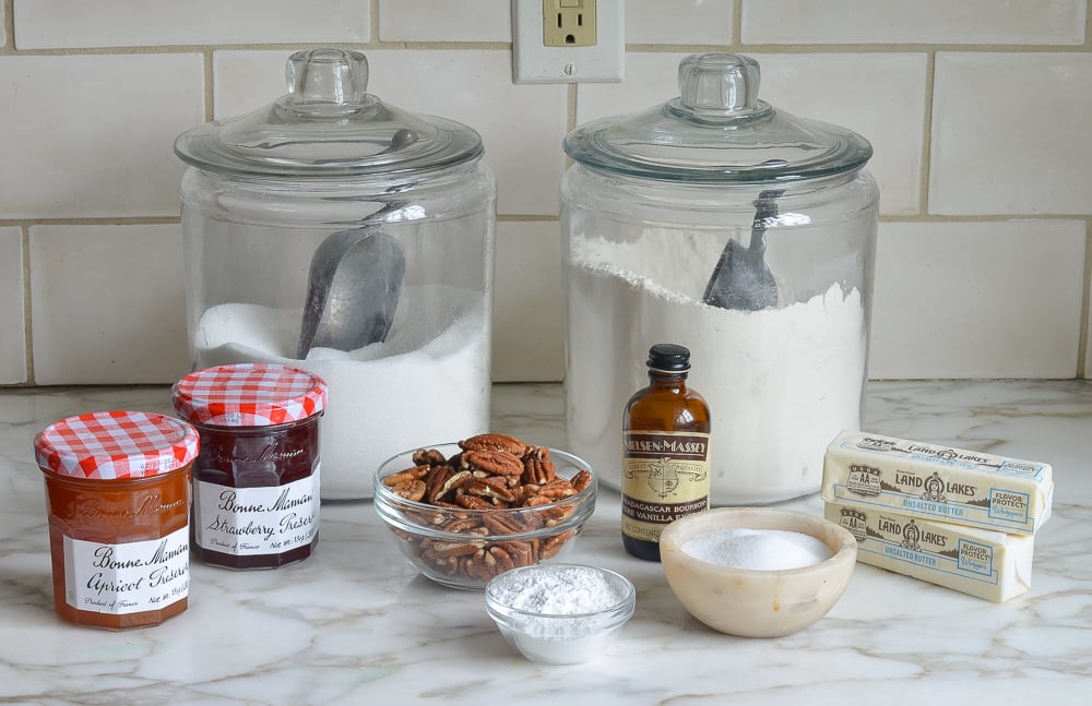 Cookie ingredients including jam, vanilla, and sugar.