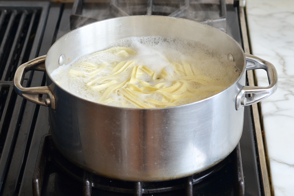 Pasta boiling in a pot.
