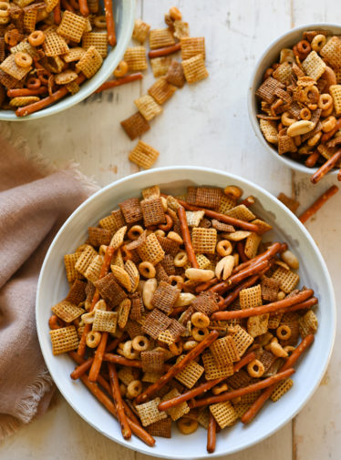 chex mix in bowls.