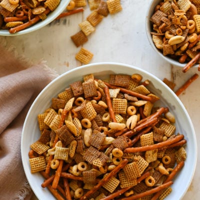 chex mix in bowls.