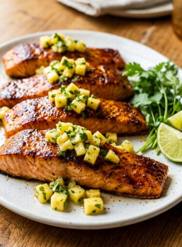 Salmon pieces on platter topped with pineapple salsa.