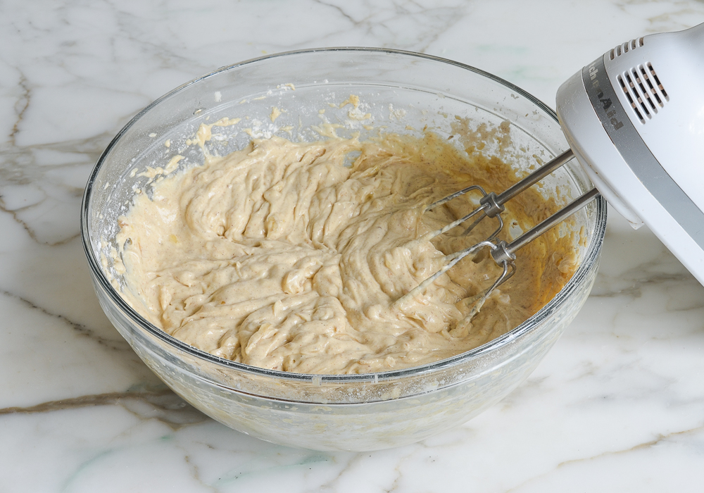 Bowl of chai-spiced banana bread dough.