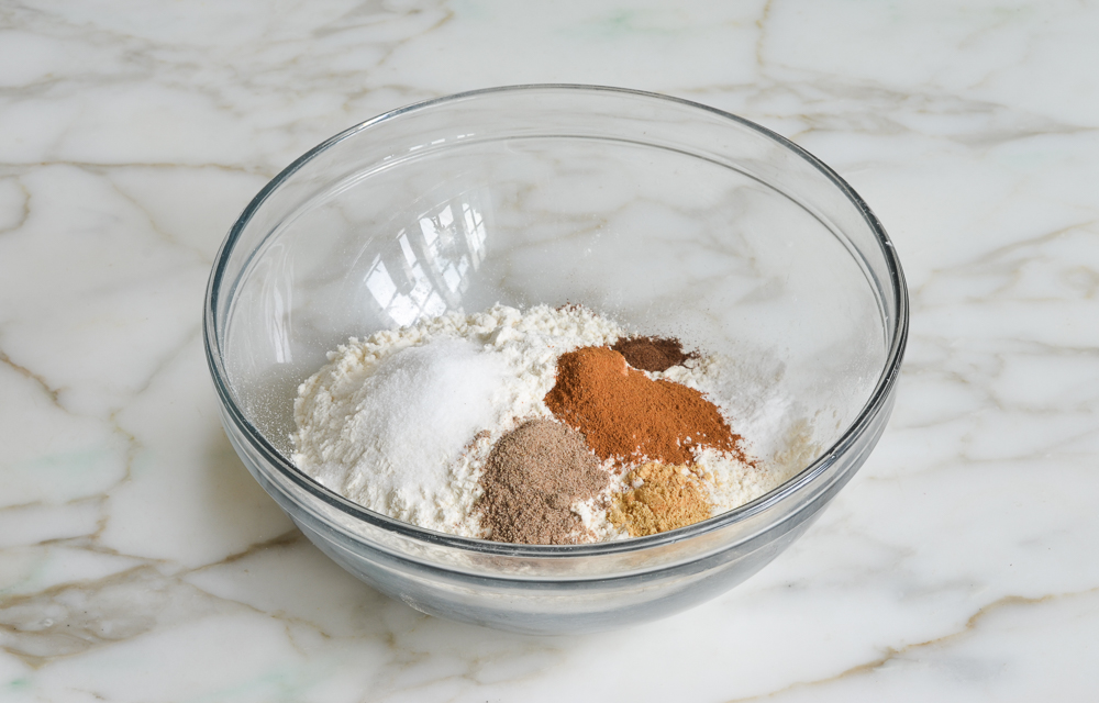 Bowl of unmixed dry ingredients.