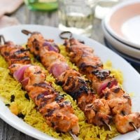 Platter of Middle Eastern-style grilled chicken kabobs.