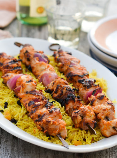Platter of Middle Eastern-style grilled chicken kabobs.