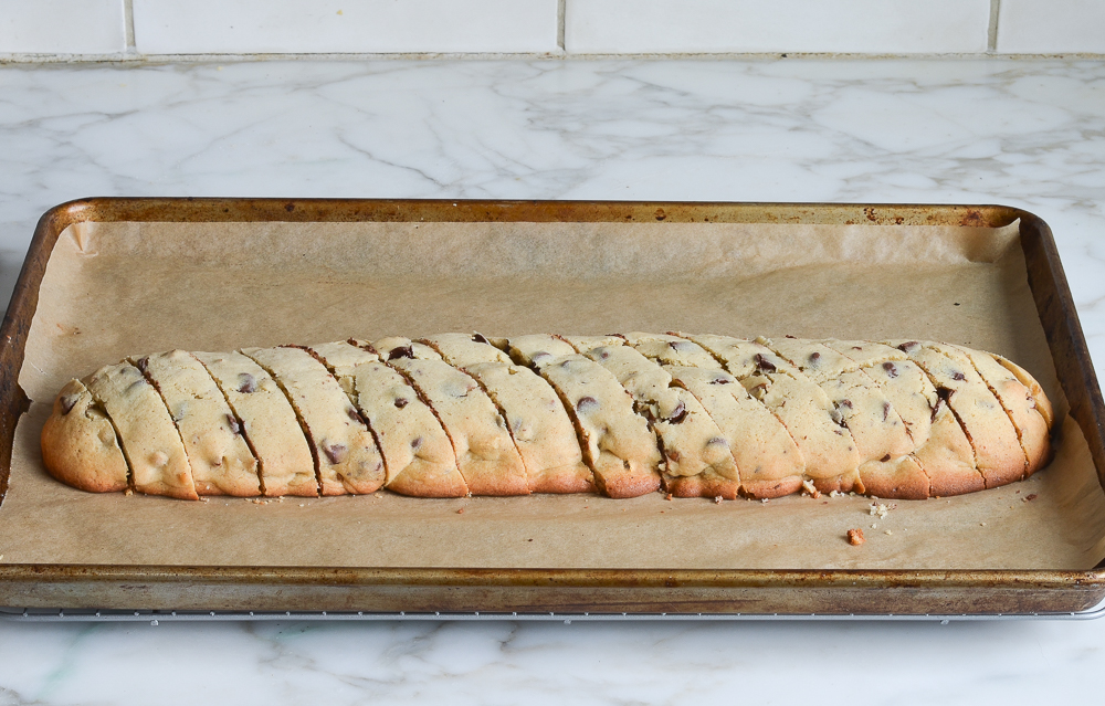Sliced log of chocolate chip Mandel bread.
