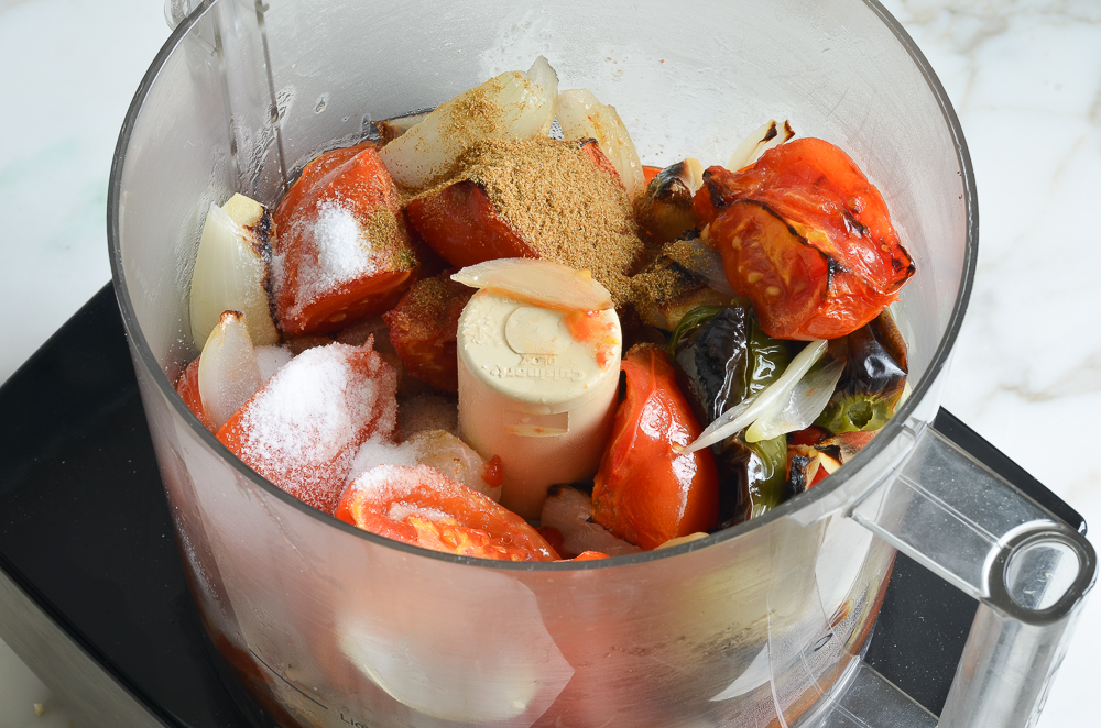 roasted vegetables in food processor ready to blend