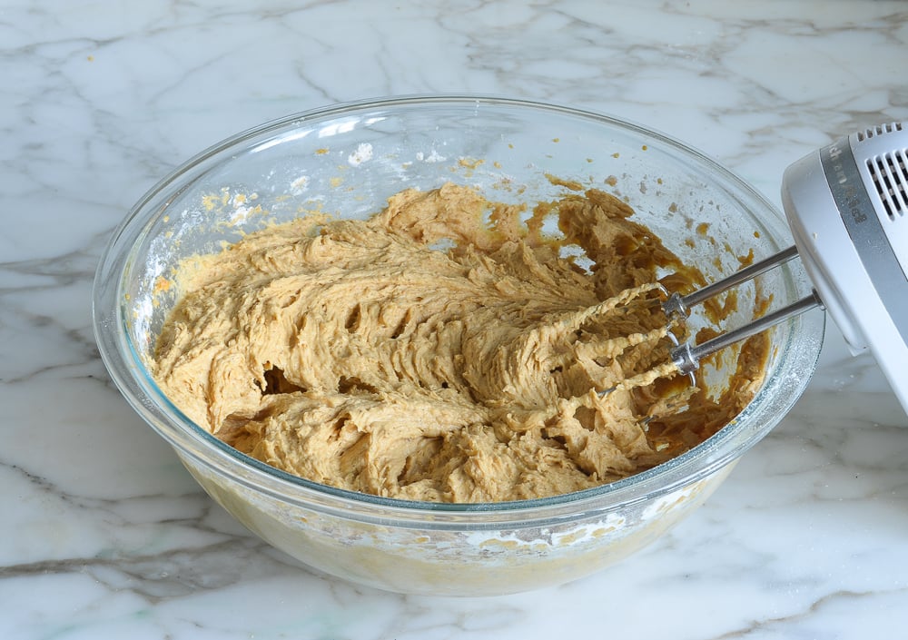 Bowl of pumpkin cookie dough.