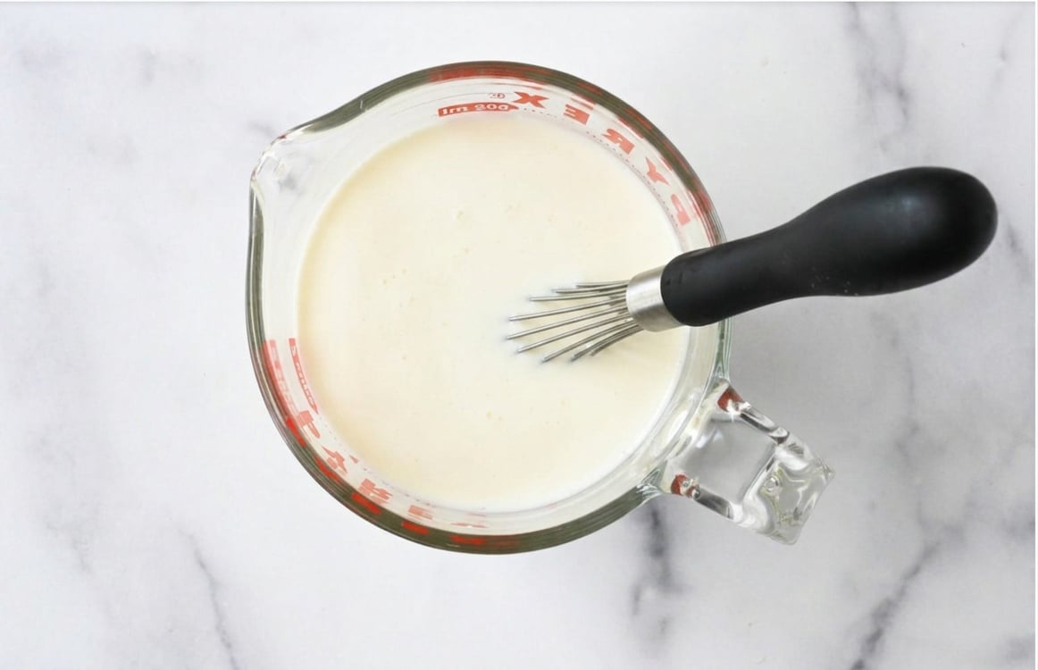 Egg whites and milk whisked together in measuring cup.