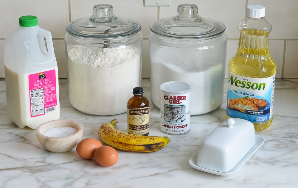 Banana pancake ingredients including vanilla, eggs, and milk.