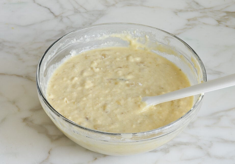 Bowl of banana pancake batter.