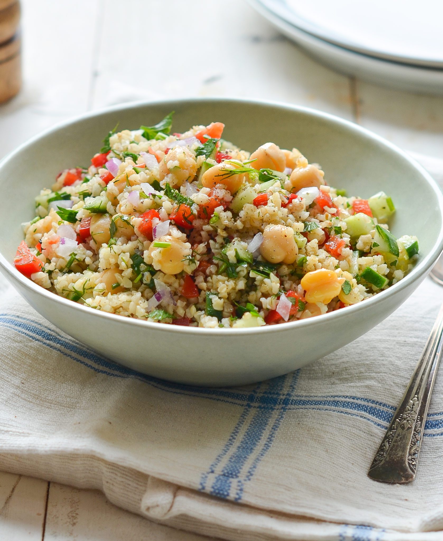 Bulgur Salad with Cucumbers, Red Peppers, Chick Peas, Lemon and Dill