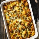 Breakfast casserole in a baking dish.