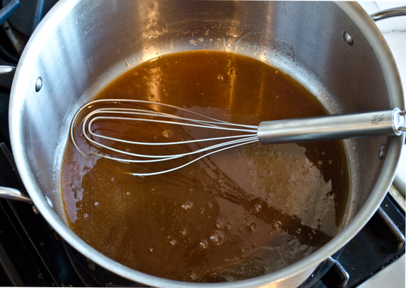 Butter, brown sugar, and honey in a pan.