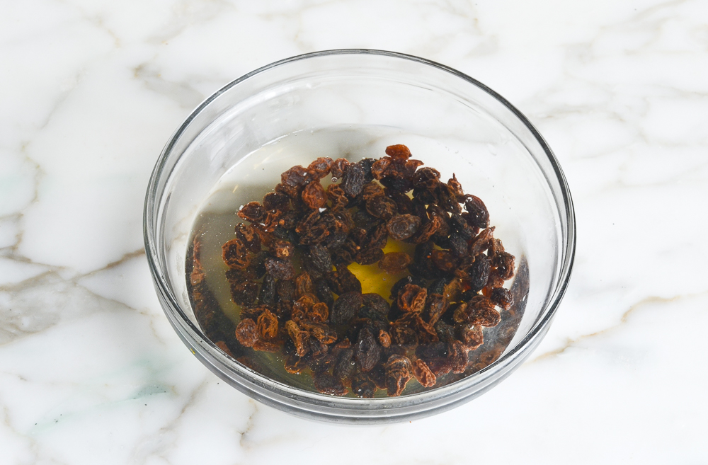 Bowl of soaking raisins.