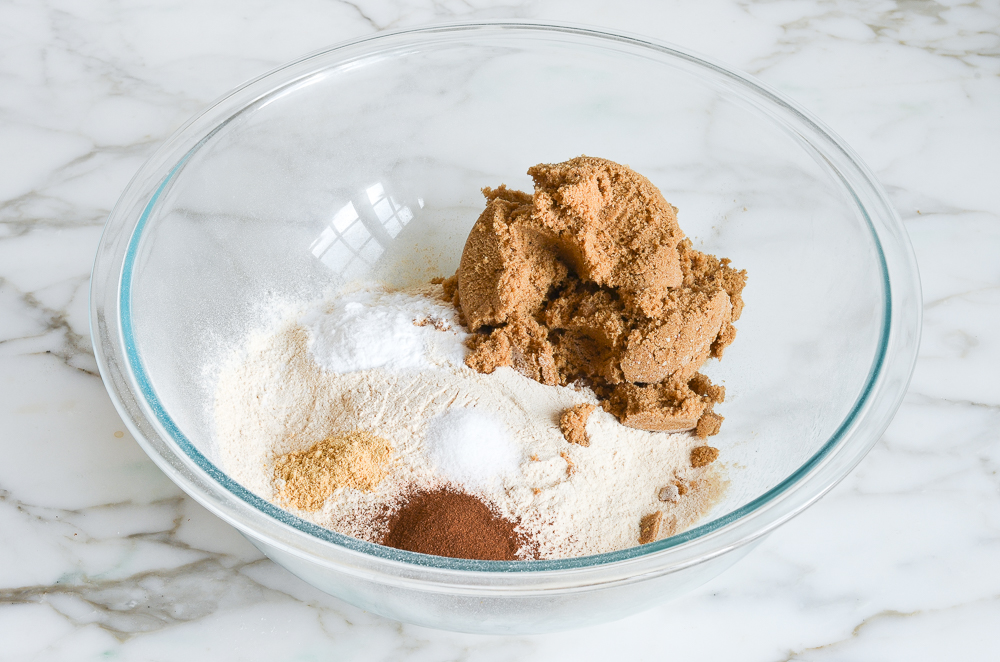flour, brown sugar, spices, and salt in large mixing bowl