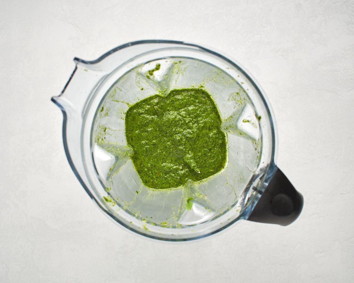 blended chimichurri sauce in blender.