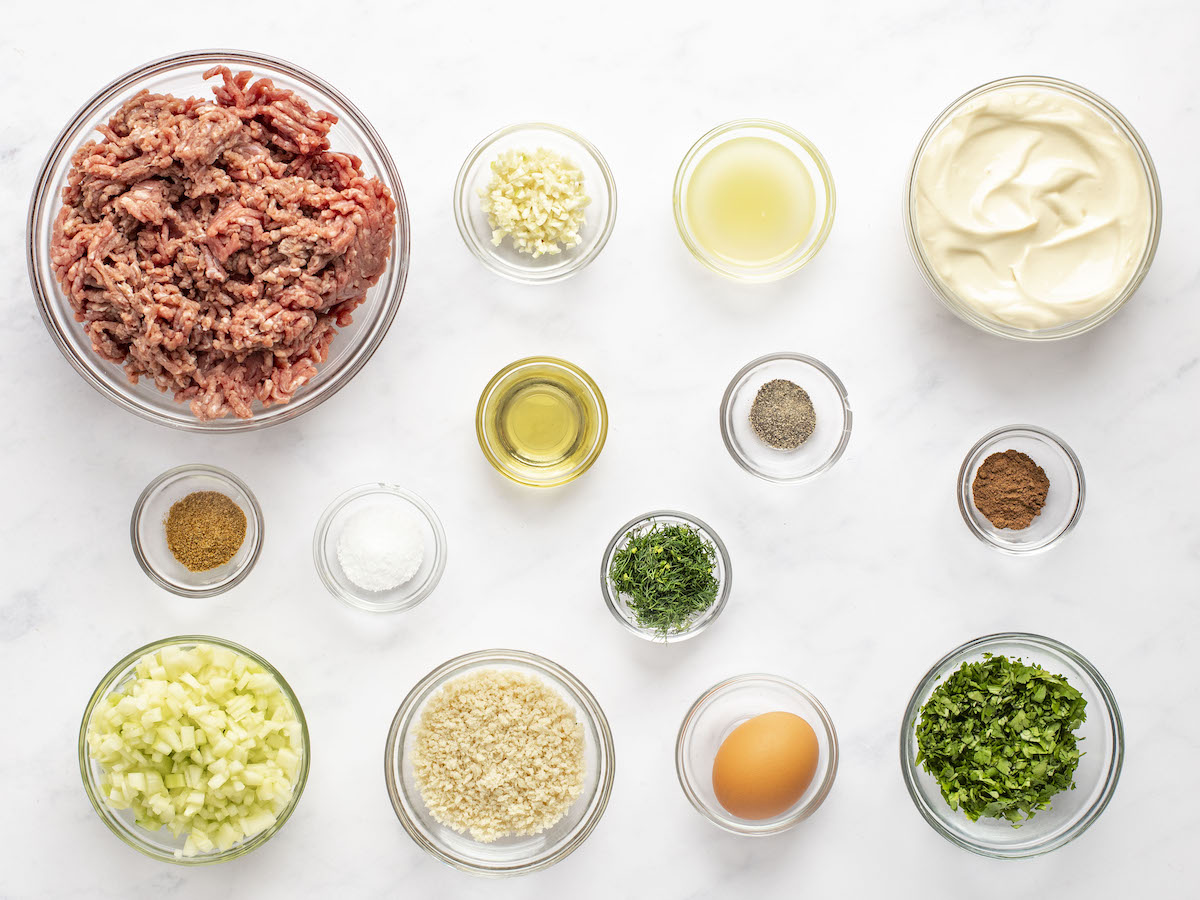 ingredients to make grilled moroccan meatballs with yogurt sauce.