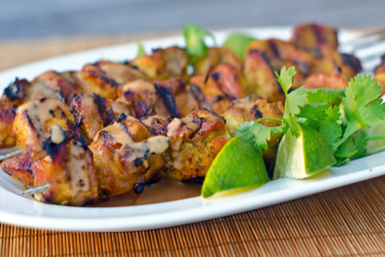 Grilled Thai Curry Chicken Skewers with Coconut-Peanut Sauce