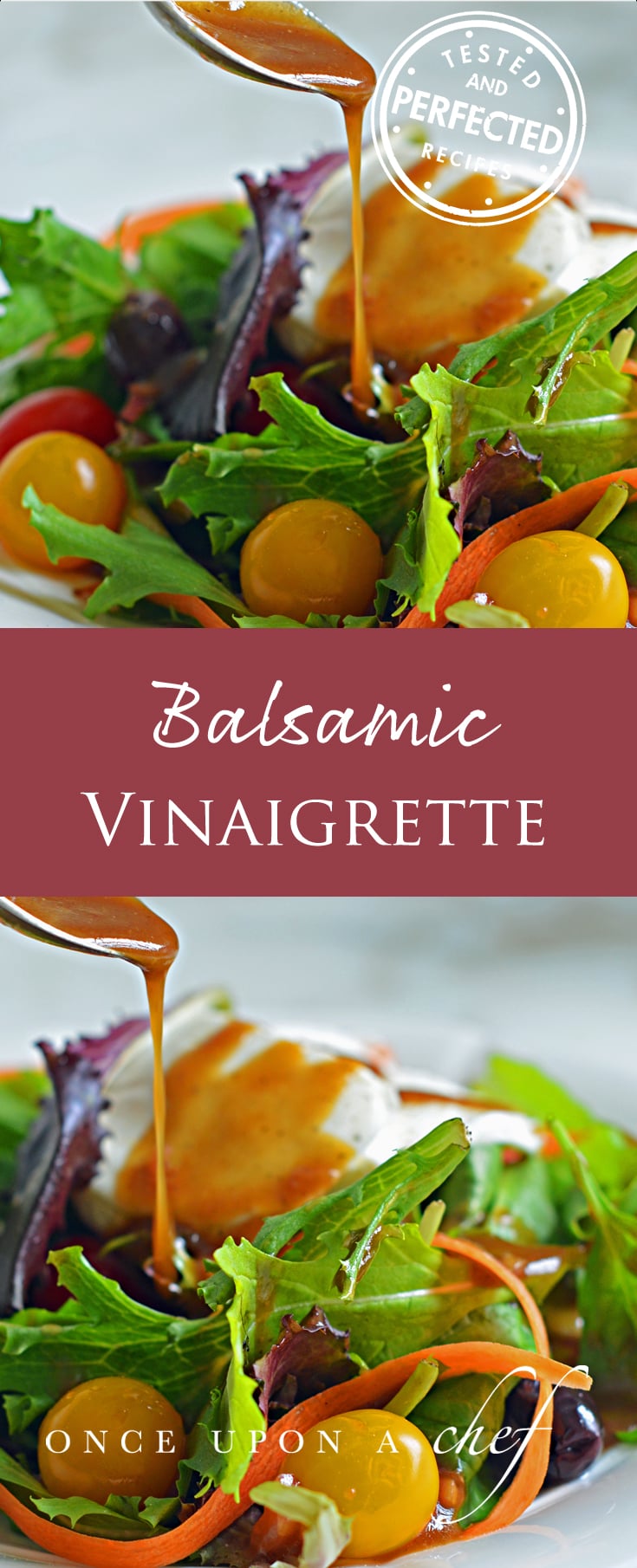 Spoon in a bowl of balsamic vinaigrette.