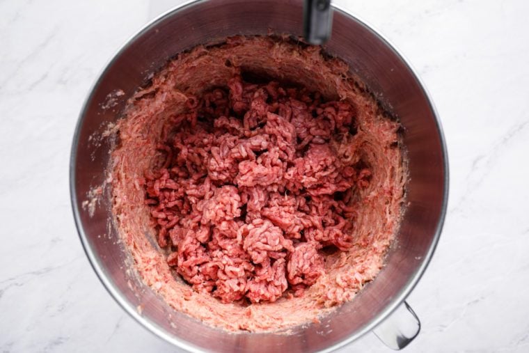 process of making meat mixture in mixing bowl